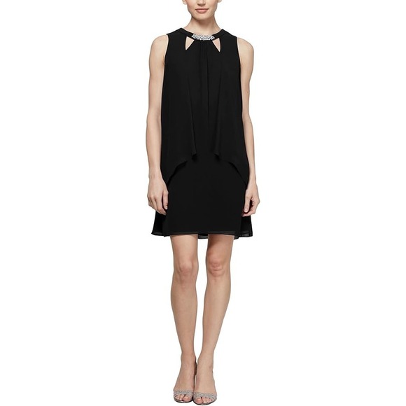 SLNY Dresses & Skirts - SLNY Black Chiffon Tiered Shift Dress Pearl Neckline Cutout 410366 Womens 10P